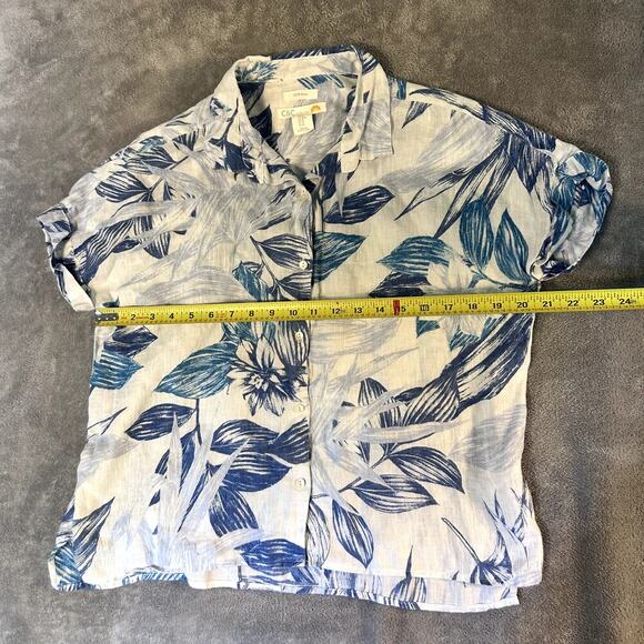 C&C California 100% Linen Top Women's M White Blue Floral Boho Resort Hawaiian - Picture 9 of 10